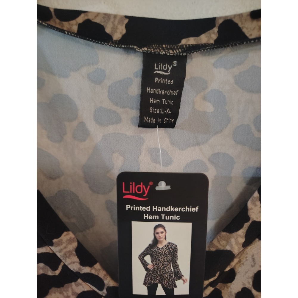 Lildy Printed Handkerchief Hem Tunic Leopard Animal Print V-Neck Bell Sleeve - Picture 2 of 3